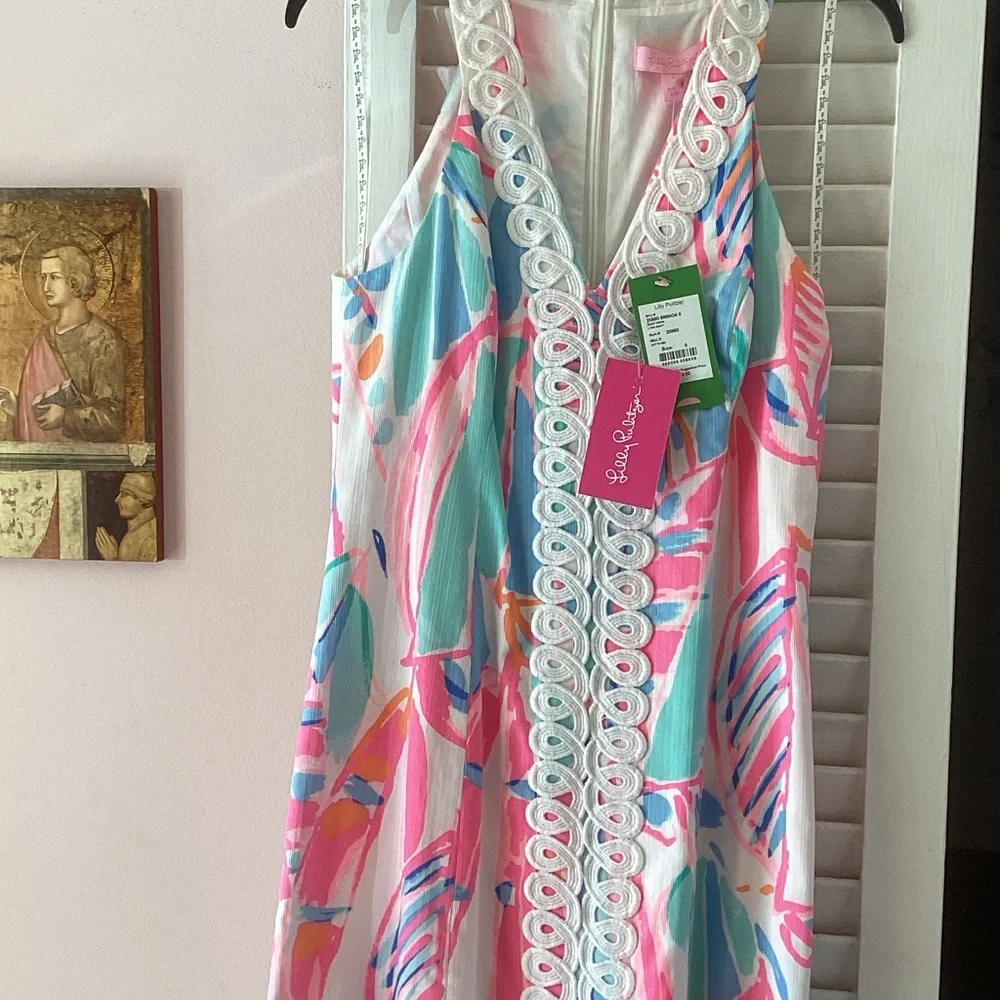 Lilly Pulitzer Pink Aqua Coral Multicolor Dress with White Trim - Picture 1 of 5